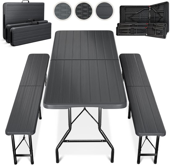 Blumtal Opvouwbare Picknicktafel - Biertafel met banken - Vouwtafel - 8 personen - Campingtafel set - Antraciet - Hout look van Merkloos