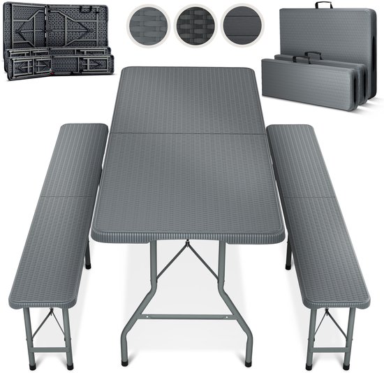 Blumtal Opvouwbare Picknicktafel - Biertafel met banken - Vouwtafel - 8 personen - Campingtafel set - Grijs - Rattan look van Merkloos