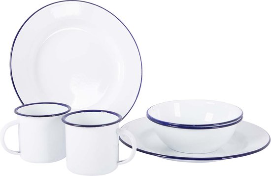 Bo-Camp - Servies - Emaille - 6 Stuks - Wit/Blauw van Merkloos