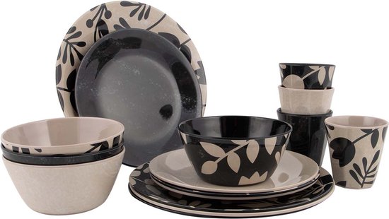 Bo-Camp - Servies - Mix & Match - 16 Stuks - Beige/Zwart van Bo-Camp