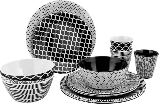 Bo-Camp - Servies - Mix & Match - 16 Stuks - Zwart/Wit van Bo-Camp
