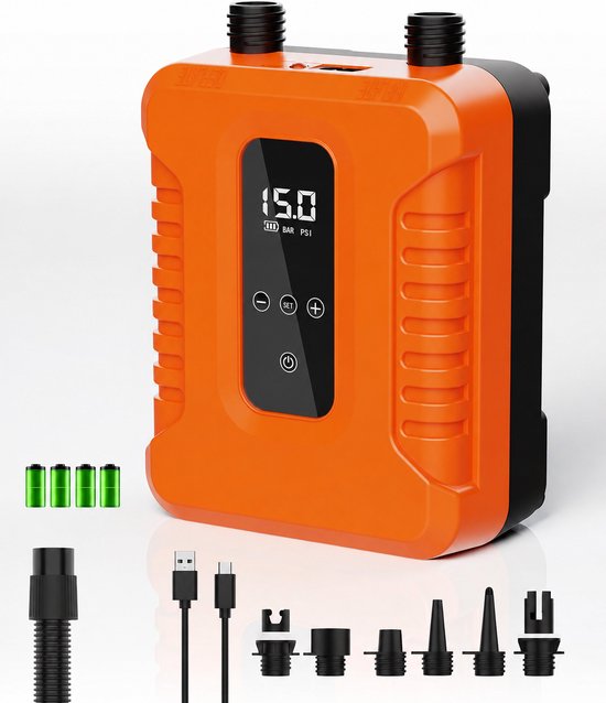 Bobypet - Elektrische Pomp met Accu - Snelle Dual-Stage Luchtpomp met Auto-Stop & LED Display - Geschikt voorBoard, Kayak & Camping - Oranje