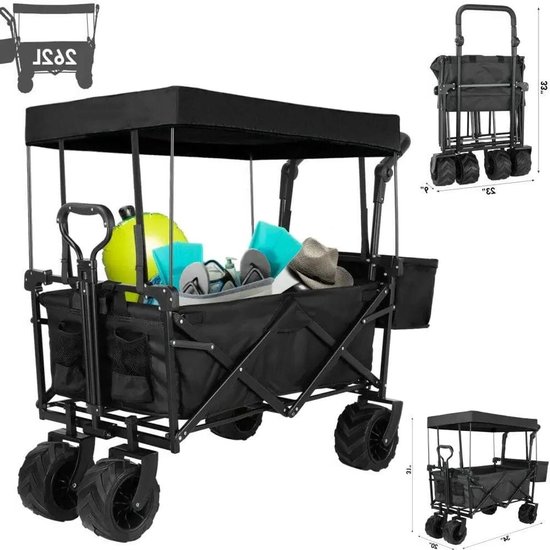 Bolderkar - Bolderwagen - Opvouwbare - met Afneembare Luifel - Tuinkar - Tuinwagen - Tuintrolley voor Strand, Camping of Caravan - Laadvermogen 75kg - 262L - Zwart van Merkloos