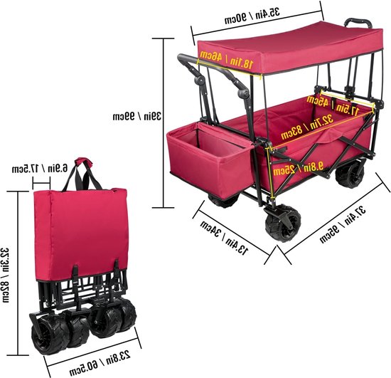 Bolderkar - Bolderwagen - Opvouwbare - Tuinkar - Tuinwagen - Tuintrolley - met Verstelbare Handgreep en Afneembare Luifel - Oxford Stoffen Winkelwagen - voor Outdoor, Camping & Strand - Bolderkarren - Karretje -Draagvermogen 100kg - Rood van Merkloos
