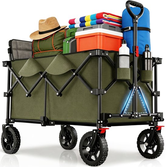 Bolderkar-Heavy-duty terreinkar-XXL Plus Opvouwbare Kar- 200L/capaciteit 200kg-Wielen met remmen-duurzaam canvas-Groen. van Merkloos