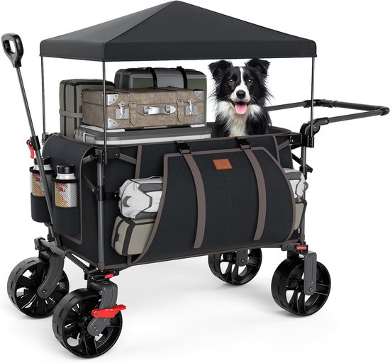 Bolderkar met Afneembare Zonnescherm - 225L Opvouwbare Festival Kar - 150kg Draagvermogen - Duw- en Trekwagen - Strandkar met Wielen - Camping Trolley - Tuinkar met 3 Opbergvakken - Vouwbare Transportwagen voor Vissen & Outdoor van Merkloos