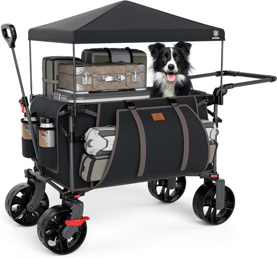 Bolderkar met Afneembare Zonnescherm - 228L Opvouwbare Festival Kar - 150kg Draagvermogen - Duw- en Trekwagen - Strandkar met Wielen - Camping Trolley - Tuinkar met 3 Opbergvakken - Vouwbare Transportwagen voor Vissen & Outdoor van Merkloos