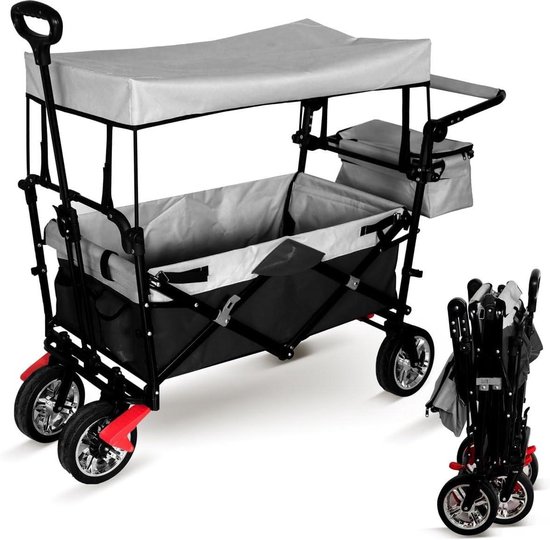 Bolderkar met dak - Bolderwagen Transportkar - Spullen Vervoeren - Vijfpuntsgordel en voetrem - 92x55x82cm - Grijs