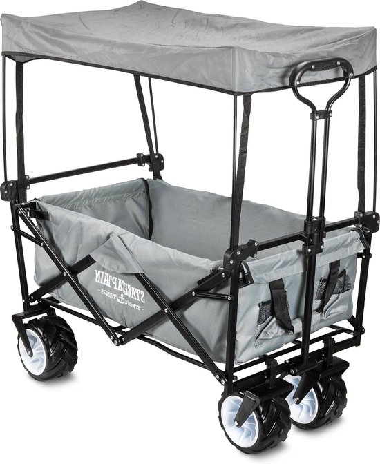 Bolderkar met dak - Opvouwbare transportkar - Outdoor activiteiten - Extra brede banden - 80 kg belastbaar - Grijs van Bolderkar