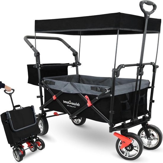 Bolderkar met Dak - Transportwagen Handkar - Familie Uitstapjes - Opvouwbaar & Robuust - 80 kg Draaglast - Zwart