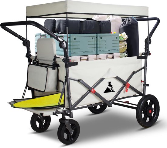 Bolderkar met remmen - Handwagen campingwagen - Familie uitstapjes - Inklapbaar met zitplaatsen - 120 l opbergruimte - Beige