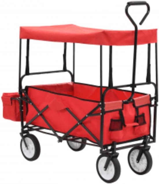 Bolderkar met Zonnedak - Tuinwagen Transportwagen - Zware Lasten Vervoeren - 360 Graden Draaibare Wielen - 75 kg Laadvermogen - Rood van Bolderkar