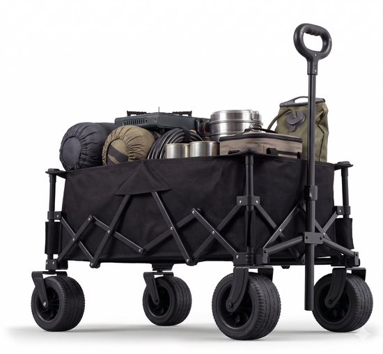 Bolderkar Opvouwbaar 135L - Extra Sterke Bolderwagen tot 150KG - Met Dubbele Rem & Telescopische Trekstang - Compact Inklapbare Strandkar met 360° Wielen - All-Terrain Trekkar voor Camping & Boodschappen - Bolderkarren Inclusief opbergtas - Zwart van Merkloos
