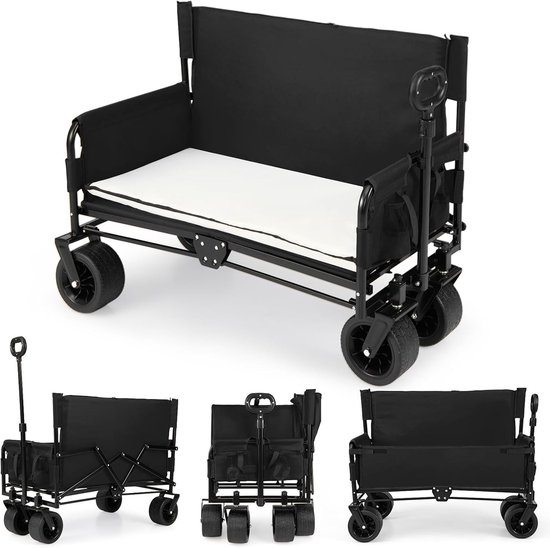 Bolderkar Opvouwbaar 2-in-1 Bolderwagen met Zitbank - Comfortabele Transportwagen met Zitfunctie - Verstelbare Handgreep en All-Terrain Wielen - Kamperen, Strand, Outdoor Transport - Bolderkar inklapbaar, Strandwagen met zitbank van Merkloos