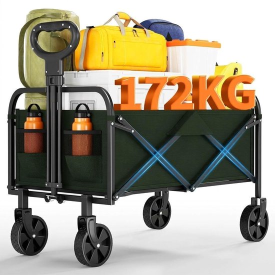 Bolderkar Opvouwbaar – 220L – 172 kg Draagkracht– 600D Oxford Stof & Stalen Frame – 5 inch Zwivelwielen – Verstelbare Duwhendel – 73 x 46,5 x 89,5 cm – Inklapbare Bolderwagen voor Strand, Kamperen & Tuin – Groen