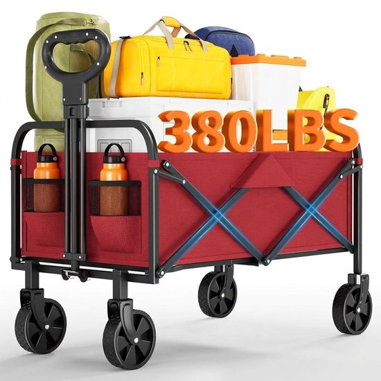 Bolderkar Opvouwbaar – 220L – 172 kg Draagkracht– 600D Oxford Stof & Stalen Frame – 5 inch Zwivelwielen – Verstelbare Duwhendel – 73 x 46,5 x 89,5 cm – Inklapbare Bolderwagen voor Strand, Kamperen & Tuin -Rood