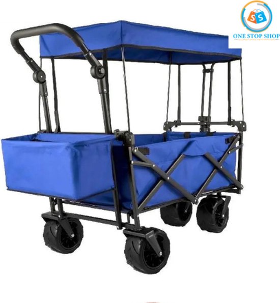 Bolderkar Opvouwbaar - Bolderkarren - Bolderwagen - Afneembare luifel - Bolderkar Kinderenvervoer - Camping Vouwwagenkar - Anti slip wiel - Bolderkar Opvouwbaar Massieve banden - Bolderkar Opvouwbaar Met Duwstang - max 100 kg - Blauw van LifeGoods