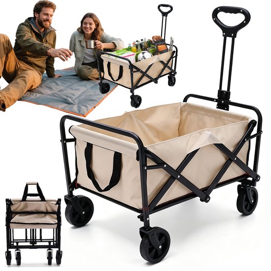 Bolderkar Opvouwbaar - Bolderwagen 75L - Strandkar & Boodschappenkar & Campingkar - 4 Zwenkwielen - Verstelbare Hendel - 150 kg - 76x48x94 cm - Handige Opbergvakken - Voor Strand & Tuin & Boodschappen - Kaki