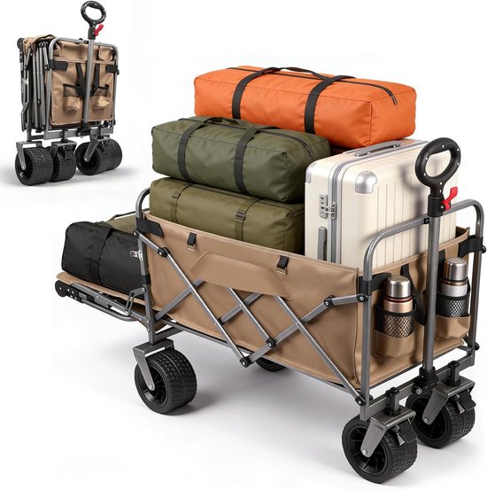 Bolderkar Opvouwbaar - Draagwagen Tuin - Boodschappen Vervoeren - Veel Opbergruimte - 93x82x53 cm - Kaki