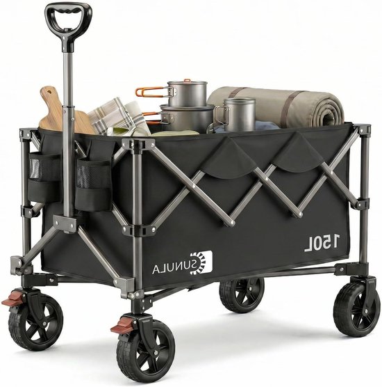 Bolderkar Opvouwbaar - Handwagen Inklapbaar - Tuinieren Boodschappen - Eén-Klik-Handgreep - 150 Liter - Zwart van Bolderkar Opvouwbaar