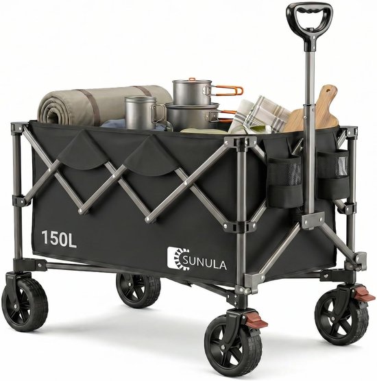 Bolderkar Opvouwbaar - Handwagen Inklapbaar - Tuinieren En Klussen - Met Remmen - 150 Liter - Zwart