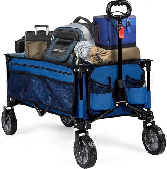 Bolderkar Opvouwbaar Luchtbanden - Bolderwagen Voor Alle Terreinen - Boodschappenwagen Met 100Kg Belastbaarheid - Strandkar Met Verstelbare Handgreep - Tuinkar - Blauw - ‎90 x 47 x 30,5 cm van LifeGoods