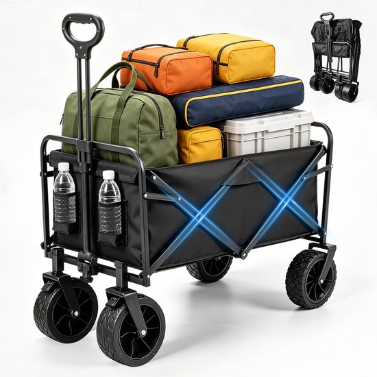 Bolderkar Opvouwbaar met 260KG Draagvermogen van MMOBIEL – 100L Inklapbare Bolderwagen met Verstelbare Duwstang, Zijvakken voor Flessen, Brede Wielen & Stalen Frame – Voor Camping, Strand, Festival, Boodschappen & Transport