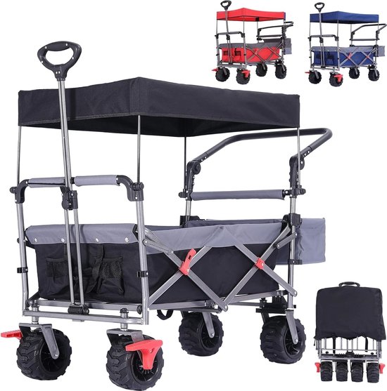 Bolderkar Opvouwbaar met Dak - Handkar - Bolderkar Luchtbanden - Handwagen - XXL - 100 kg - 360° Draaibare Voorwielen - Zwart van Impact.