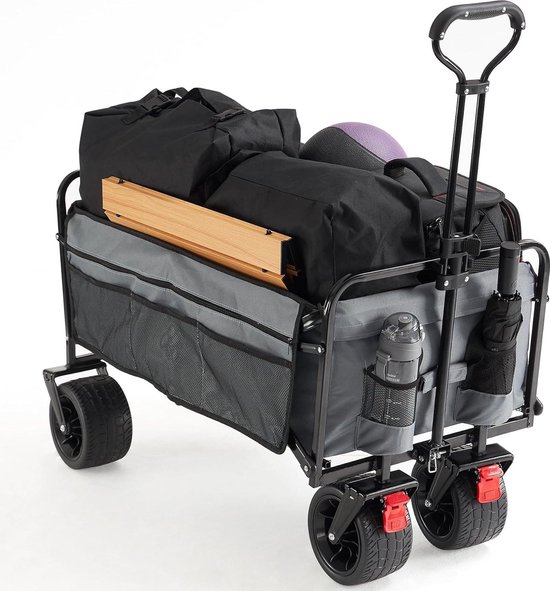 Bolderkar opvouwbaar met remmen en transportwagen - inklapbaar tot 80 kg draagkracht voor camping en strand - offroad bolderkar met brede wielen en telescoopstang - wit-grijs Bolderkar