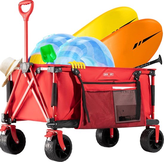 Bolderkar Opvouwbaar Rood - Bolderwagen met Voorwielrem - Draaibare & Stevige Wielen - Trolley met Verstelbare Handgreep - Bekerhouder - 120kg Draagkracht van Bolderkar