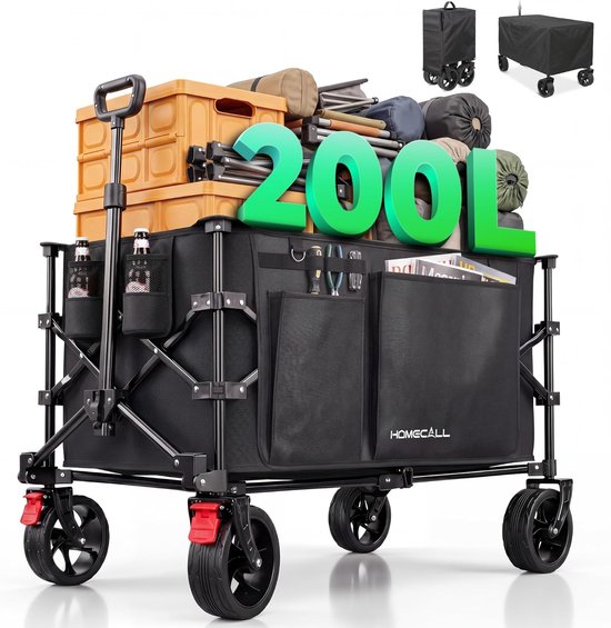 Bolderkar Opvouwbaar - Strandwagen Kampeerwagen - Spullen Vervoeren - 200kg Draagkracht - 200 Liter Volume - Zwart