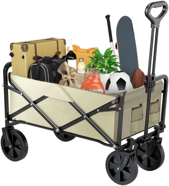 Bolderkar Opvouwbaar - Strandwagen Vouwwagen - Transport Kar - Met Rem Dak - 150 Liter - Beige