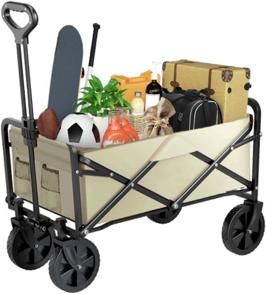 Bolderkar Opvouwbaar - Tuinwagen Strandwagen - Vervoeren van spullen - Met rem en dak - 100/150 liter - Beige