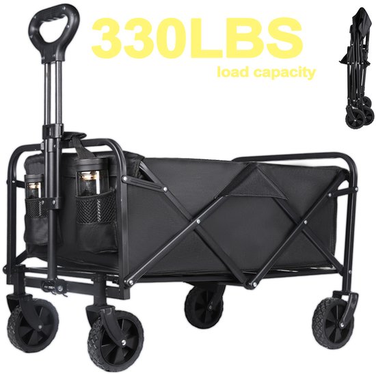 Bolderkar-Opvouwbare Handkar-160L Capaciteit-4 All-Terrain Wielen-Zwaar Belastbaar tot 330LBS- voor Camping, Tuin, Buitentransport, Kampeerspullen, Strandwagen, Winkelen-ZWART. van Merkloos