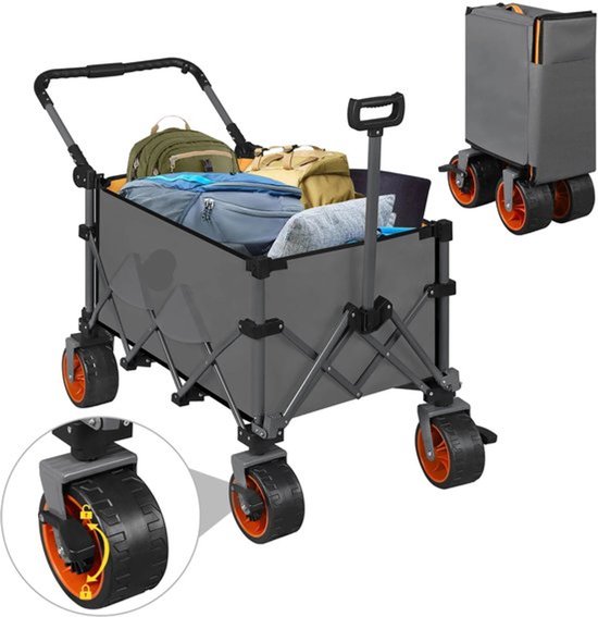 Bolderkar - Transportkar - Handkar - Bolderkar Opvouwbaar - Bolderwagen - met Remmen en Draagtas - Bolderkarren - voor Strand, Tuin, Camping en Alle Terreinen - Donkergrijs met Oranje Accenten