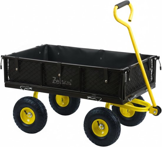 Bolderkar Tuinwagen - Handwagen Transportkar - Zwaar Werk Buiten - 350 kg Draagkracht - 75 liter Inhoud - Zwart Geel