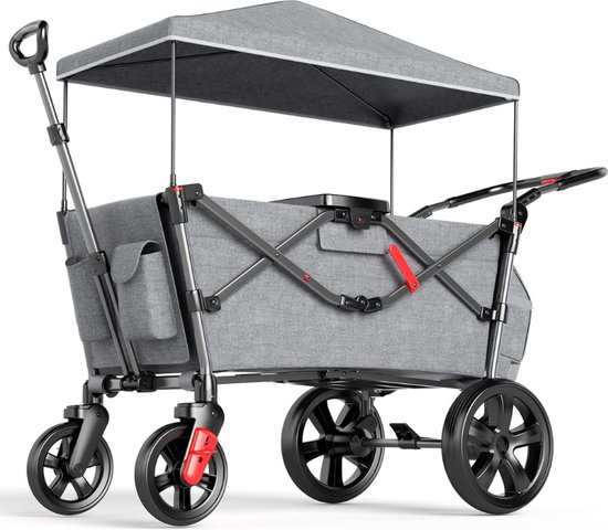 Bolderkar Voor 2 Kinderen Opvouwbaar Met Dak Kinderwagen 2 x 5 Punts Veiligheidsgordel Met Luierrugzak Bolderkar Met Zitting Handwagen Transportwagen Trekken en Duwen Voetrem van Merkloos