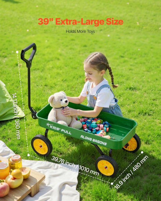 Bolderkar voor kinderen - Bolderwagen Handkar - Vanaf 18 maanden - Draagvermogen 80 kg - Afmetingen 101 x 48 x 36 cm - Met handvat - Voor tuin, strand & kamperen - Groen van Merkloos