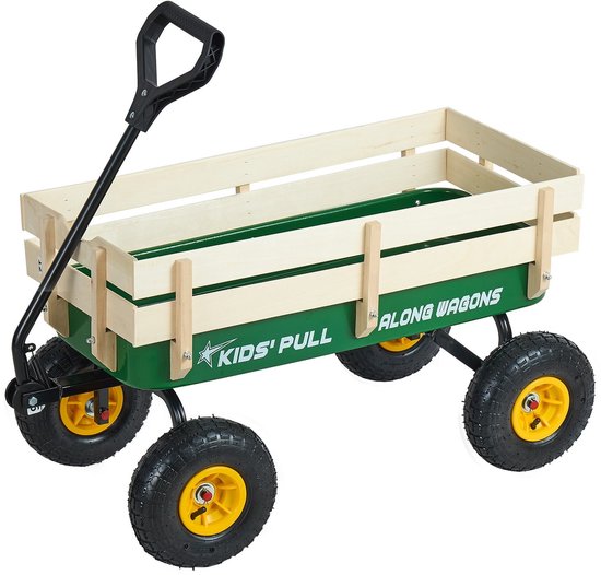 Bolderkar voor kinderen - Transportkar/Handkar - Draagvermogen 150 kg - Lengte 102 cm - Hout & Metaal - Met Duwstang - Vanaf 5 Jaar - Groen/Geel van Merkloos