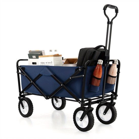 Bolderwagen – Bolderkar – Trekkar – Strandkar – Transportwagen – Opvouwbaar – Met Verstelbare Handgreep – 82L Inhoud – Stevig Metalen Frame – Blauw