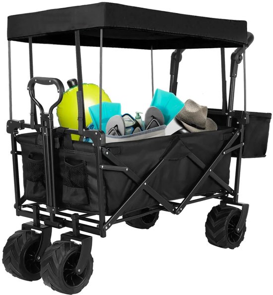 Bolderwagen – Opvouwbare Wagen – Transportwagen – Stevige Kar – Strandwagen – Afneembaar Zonnescherm – Draagkracht 115 kg – 7 Inch 360° Wielen - Zwart van Merkloos