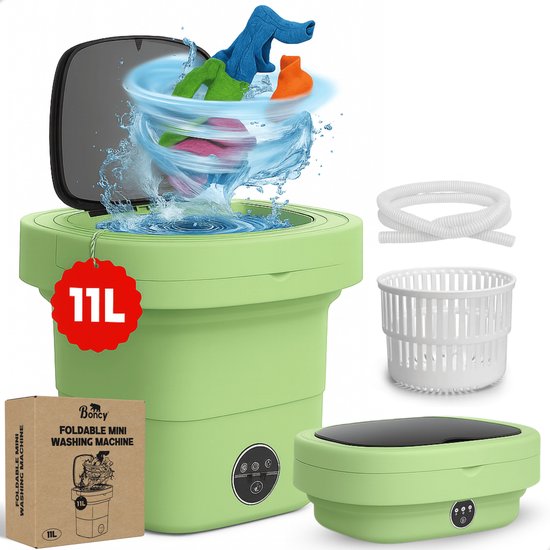 Boncy® Premium Mini Wasmachine met centrifuge - 11L Groen - Compacte Opvouwbare Miniwasmachine - Kleine Wasmachine Opvouwbaar - Ideaal voor Camping Apartement Kamer of Reizen - 4 kg + van Boncy