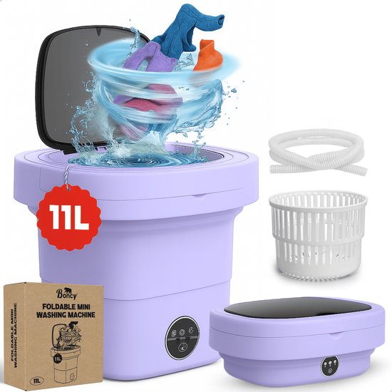 Boncy® Premium Mini Wasmachine met centrifuge - 11L Paars - Compacte Opvouwbare Miniwasmachine - Kleine Wasmachine Opvouwbaar - Ideaal voor Camping Apartement Kamer of Reizen - 4 kg + van Boncy