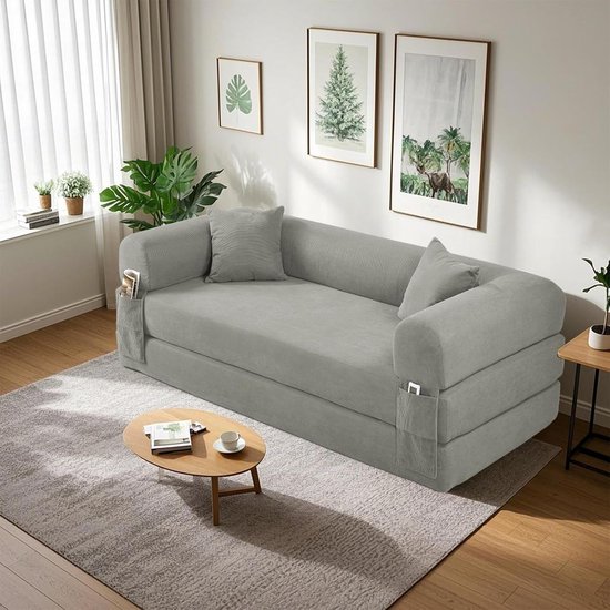 Boneless 3-Zits Slaapbank met Slaapfunctie 203 cm – Opvouwbare Floor Sofa Bed met 2 Kussens en Ergonomisch Comfort – Lichtgrijs Queen Size
