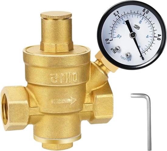 BORDEAG Pressure regulator water 1/2 inch DN15 with pressure gauge, water pressure regulator, made of high hardness brass, water pressure regulator, water pressure regulator for controlling water