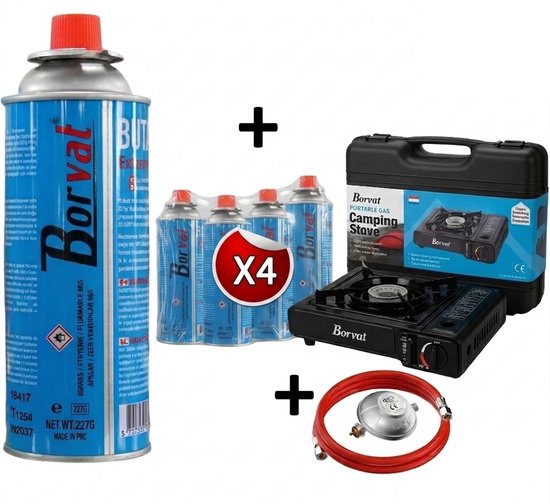 Borvat® Camping Gasfornuis - Draagbaar Kookstel - Inclusief Gasslang, 50 mbar Drukregelaar en 4 Butaan Gaspatronen 227g - Zwart van Borvat