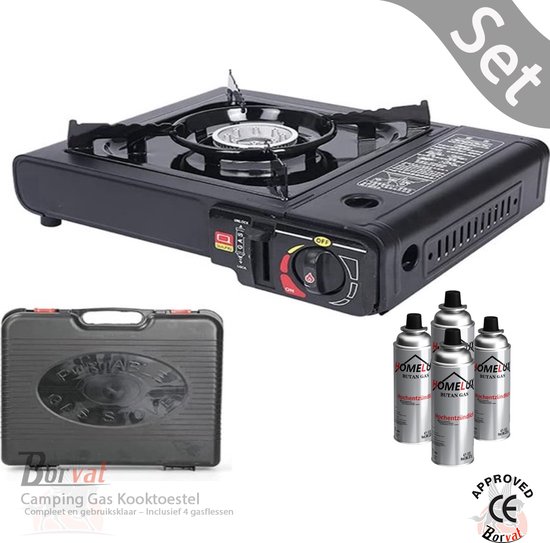 BORVAT® - Camping Kooktoestel – 2,2 kW Draagbaar Gasfornuis – Incl. 4 Gasflessen & Koffer