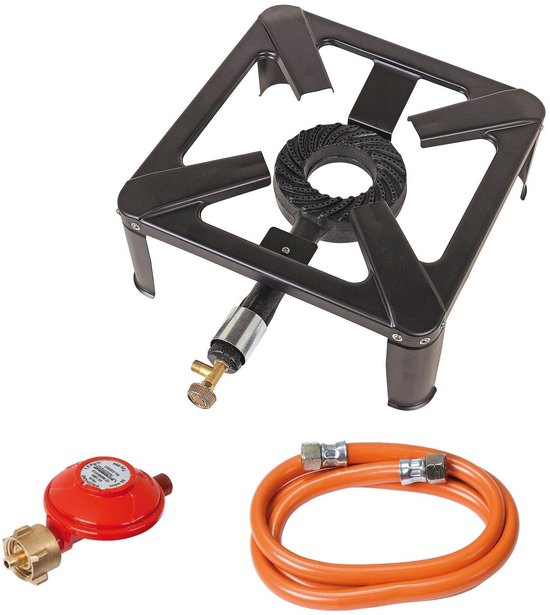 Borvat® Campingkooktoestel - 1-pits gasstel - Stabiel 4-poots kooktoestel - Met slang en drukregelaar-Zwart van Merkloos