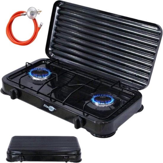 BORVAT® - Compact 2-Pits Campingfornuis - Vrijstaand Gasstel - Met Drukregelaar & Gasslang van Merkloos