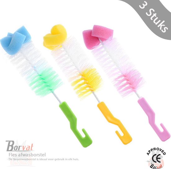Borvat® - Fles afwasborstel - Flessenborstel - Babyfles afwasborstel - Drinkfles Borstel - Glazenborstel - Assorti - 3 Stuks van Borvat